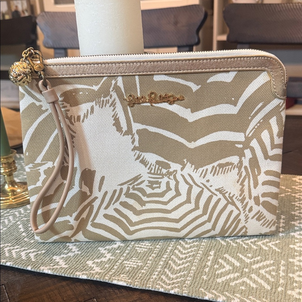 Lily White Beige and White Canvas Wristlet Clutch